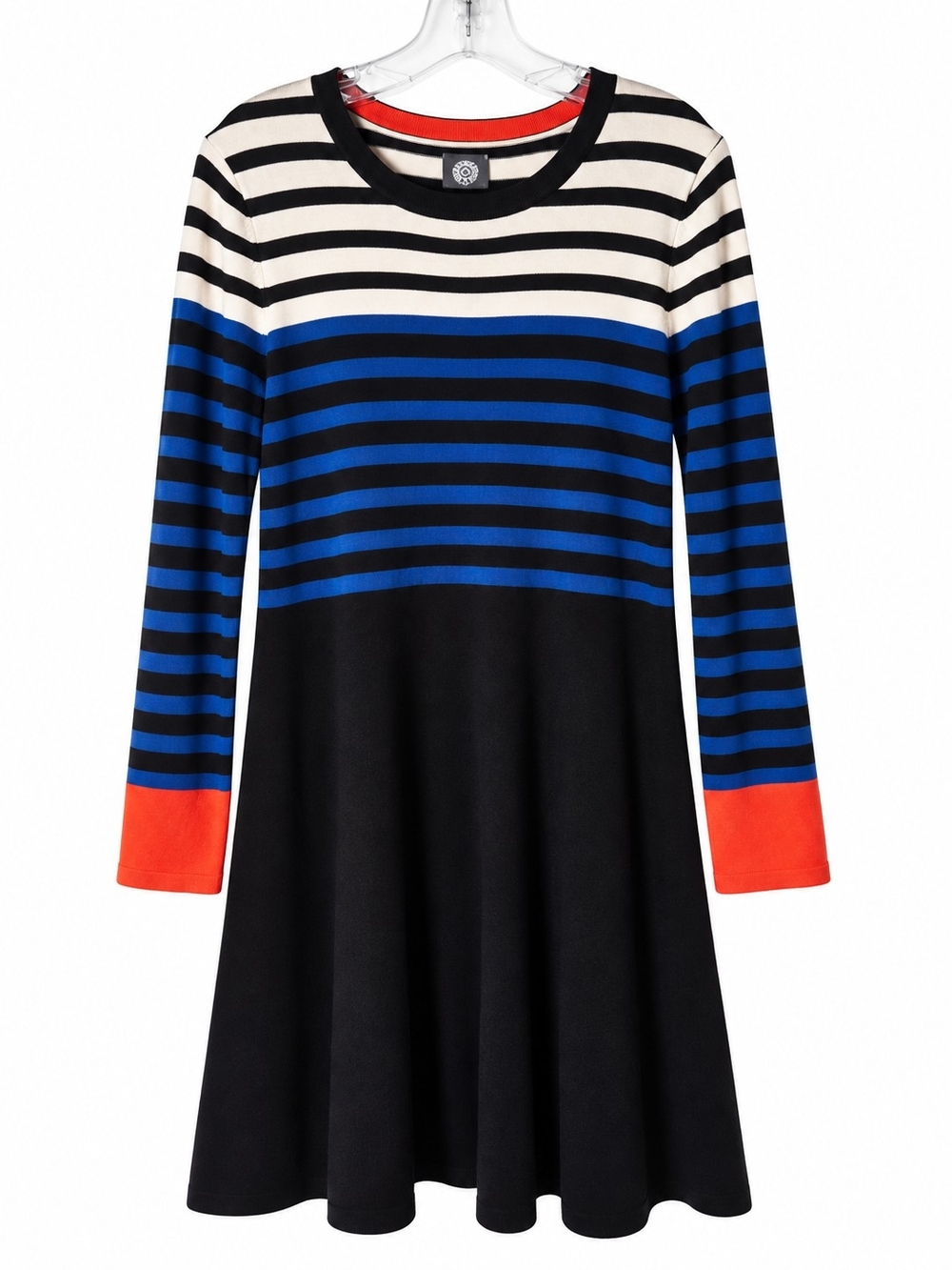 Vince Camuto Woman's Striped Navy, Black & Cream Dress with Red Cuffs